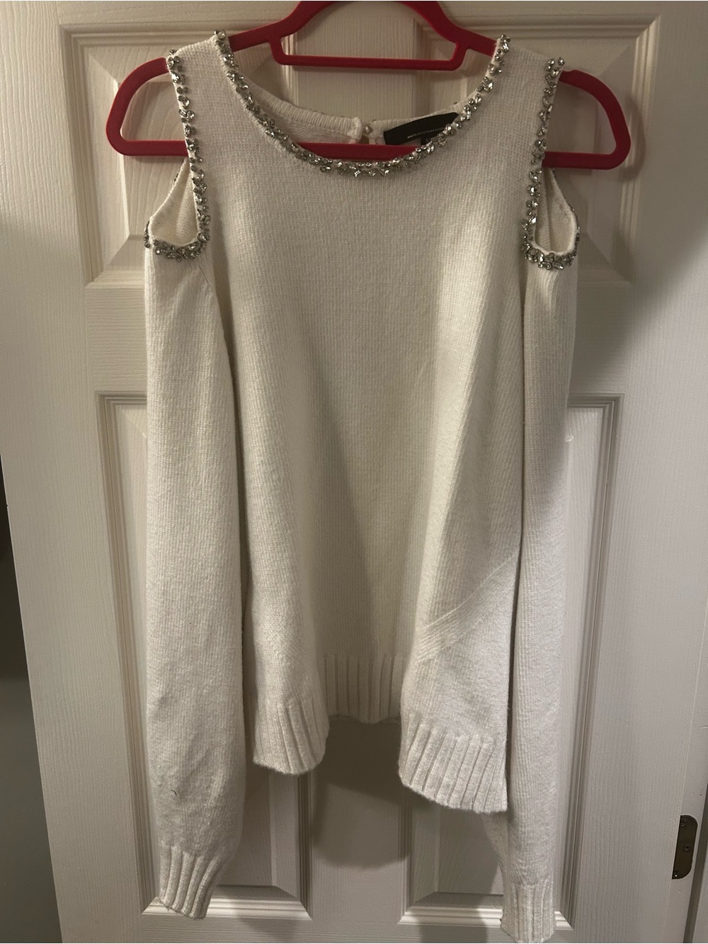 White House Black Market Cream Cold-Shoulder Sweater with Jeweled Trim